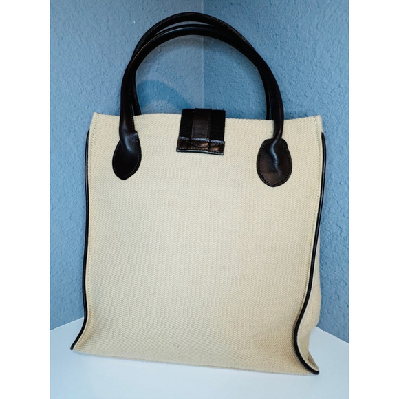 Authentic Burberry Blue Label Beige Canvas Tote Bag with Brown Leather Trim - Picture 2 of 7